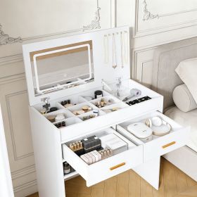 Flip Top Vanity Desk with LED Lighted Mirror & Built-in Outlet - Makeup Vanity Table with 2 Drawers, Open Storage